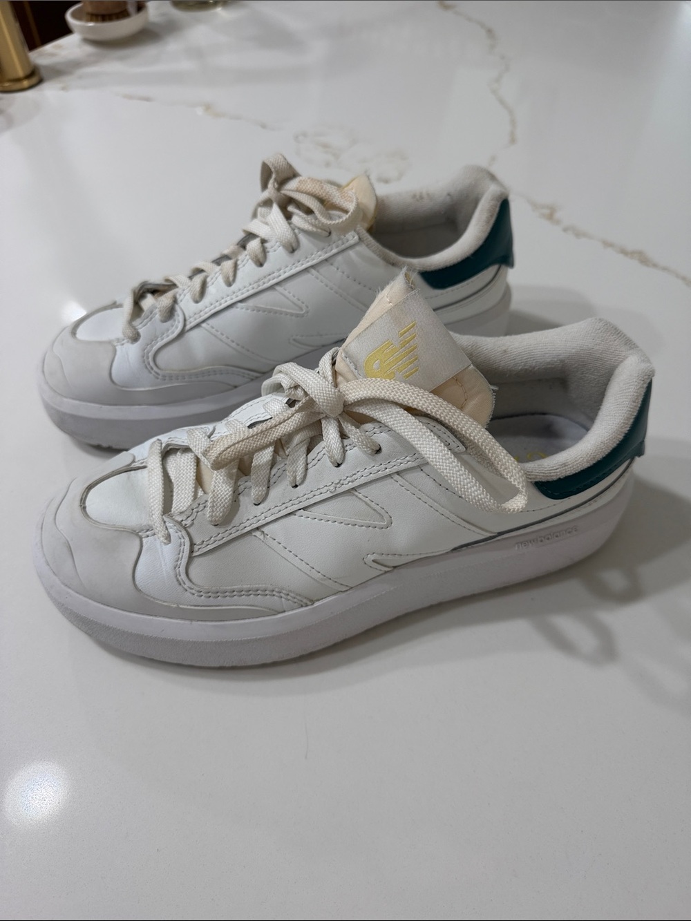 New Balance Men’s CT302 White Leather Sneakers with Teal Heel Unisex | 7